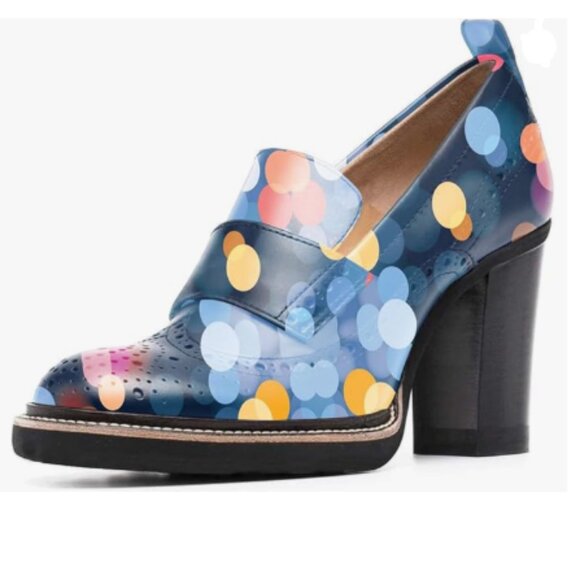 YDN Blue Print Polka Dot Chunky High Heels Round Toe Oxford Loafer Dress Pump - Picture 1 of 9